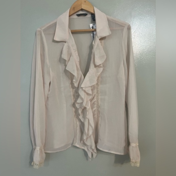 New York Company Womens Beige Y2K Sheer Long Sleeve Laced Button Up Blouse 14 - Picture 1 of 11